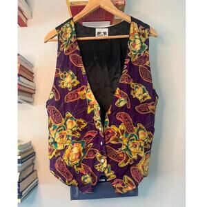 Vintage 1980s After All Purple and Gold Floral Paisley Button Up Vest Size M